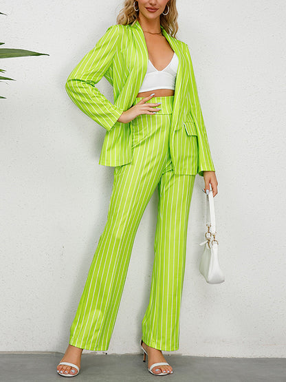 xakxx Long Sleeves Striped Lapel Blazer Top + Wide Leg Pants Bottom Two Pieces Set