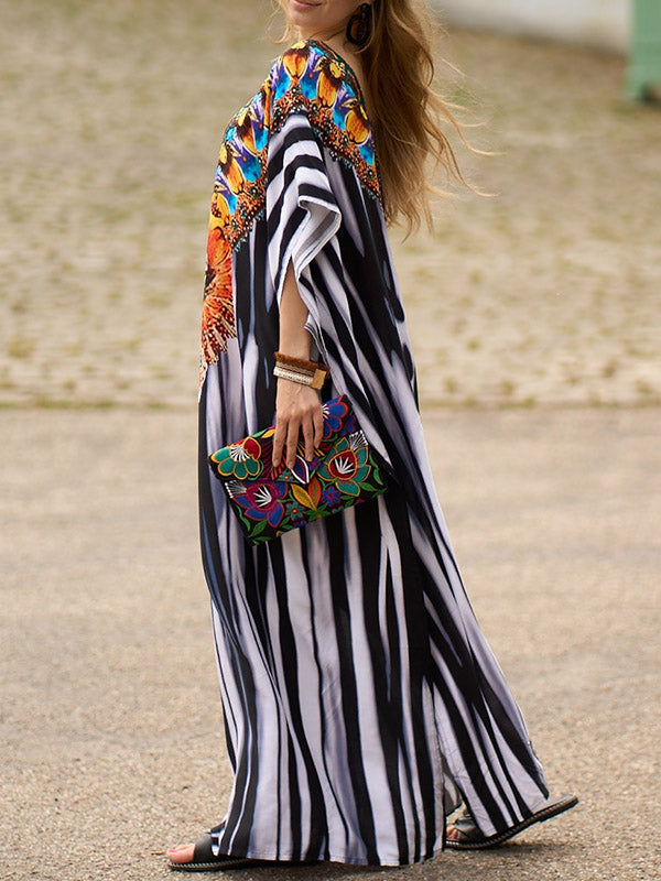 xakxx Batwing Sleeves Loose Printed Split-Side Striped V-Neck Beach Cover-Up Maxi Dresses