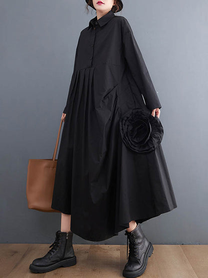 xakxx Urban Floral Applique Pleated Long Sleeves Shirt Dress Midi Dress