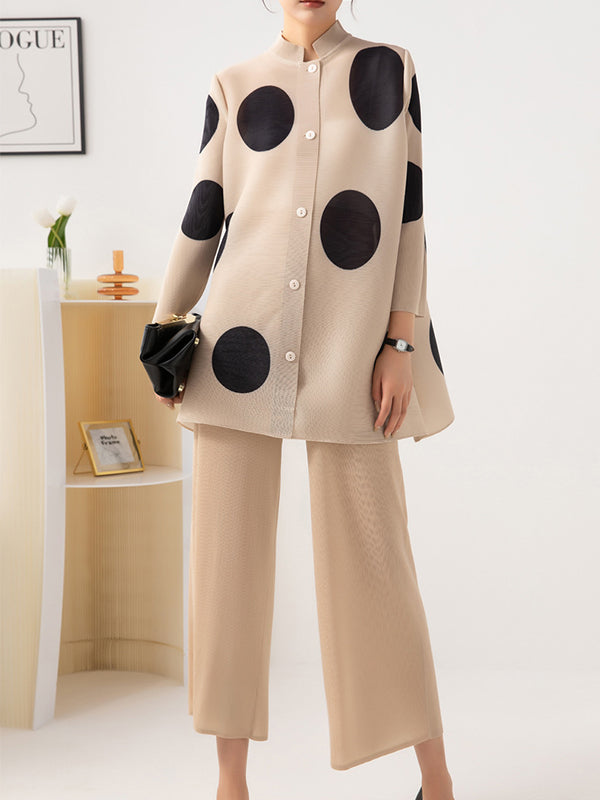 xakxx Long Sleeves Loose Pleated Polka Dot Stand Collar Two Pieces Set