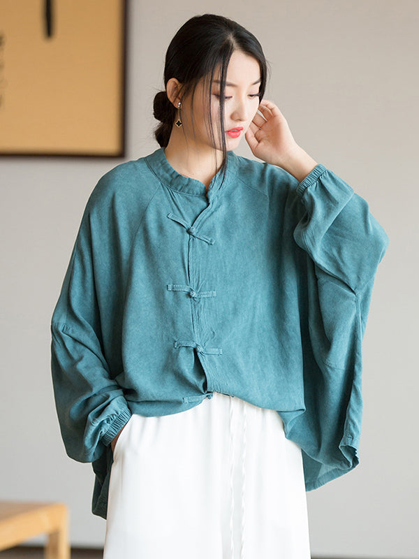 xakxx Artistic Retro Loose Long Sleeves Buttoned Solid Color Stand Collar Blouses&Shirts Tops