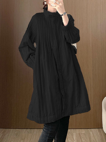 xakxx Long Sleeves Loose Pleated Quilted Solid Color Zipper Asymmetric Collar Padded Coat