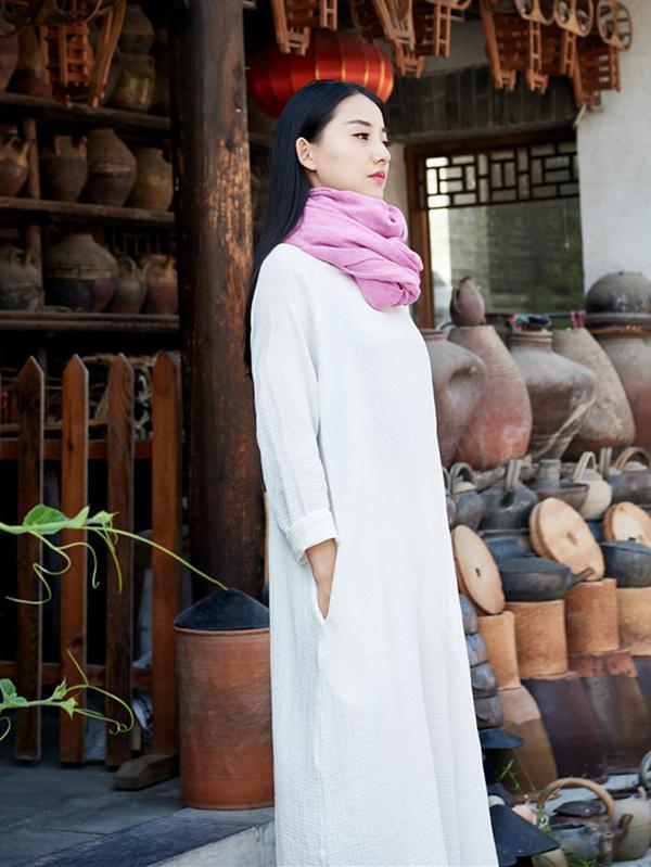 xakxx Soft White Long Sleeves Ramie Cotton Long Dress