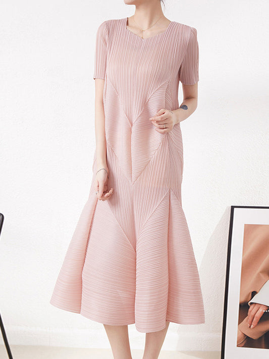 xakxx Casual Short Sleeves Pleated Solid Color Round-Neck Midi Dresses