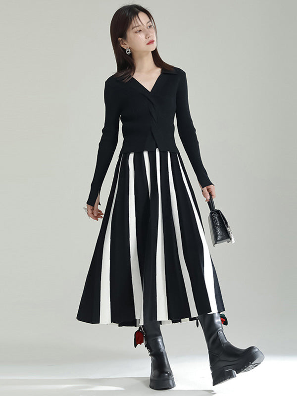 xakxx Original Creation Loose A-Line Contrast Color Striped Skirts Bottoms