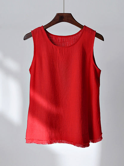 xakxx Loose Sleeveless Fringed Solid Color Round-Neck Vest Top