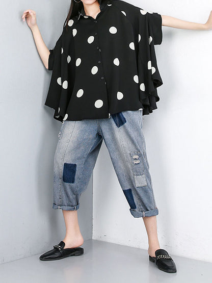 xakxx Batwing Sleeves High-Low Polka-Dot Lapel Blouses&Shirts Tops