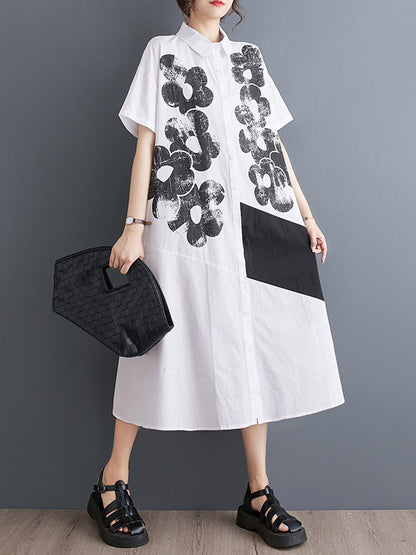 xakxx A-Line Loose Asymmetric Buttoned Flower Print Lapel Midi Dresses Shirt Dress