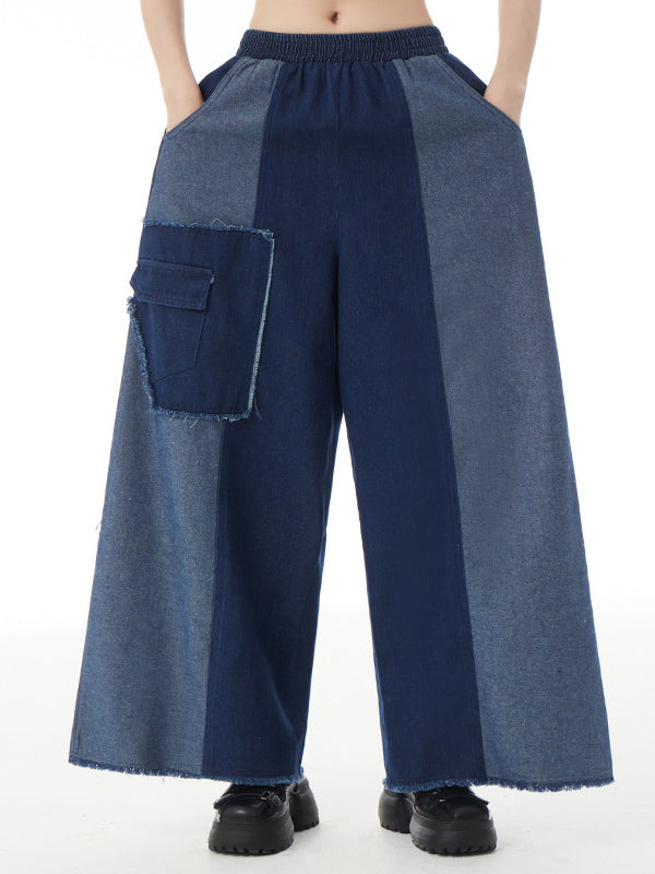 xakxx High Waisted Loose Contrast Color Elasticity Fringed Split-Joint Jean Pants Bottoms