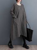 xakxx Long Sleeves Loose Pockets Printed Split-Joint Split-Side Round-Neck Midi Dresses