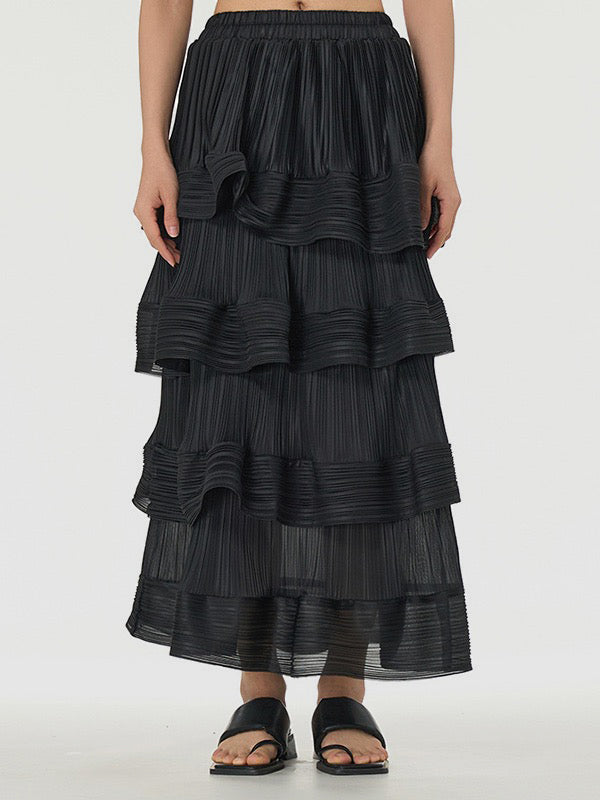 xakxx Loose Elasticity Layered Pleated Ruffled Solid Color Skirts Bottoms