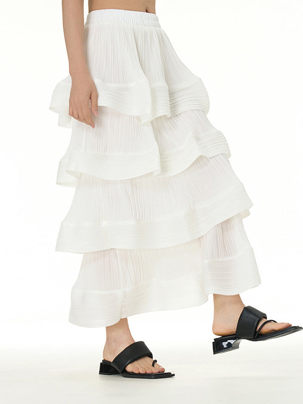 xakxx Loose Elasticity Layered Pleated Ruffled Solid Color Skirts Bottoms