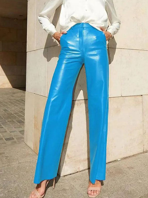 xakxx Skinny Leg Straight Leg High-Waisted Solid Color Split-Joint PU Pants Trousers