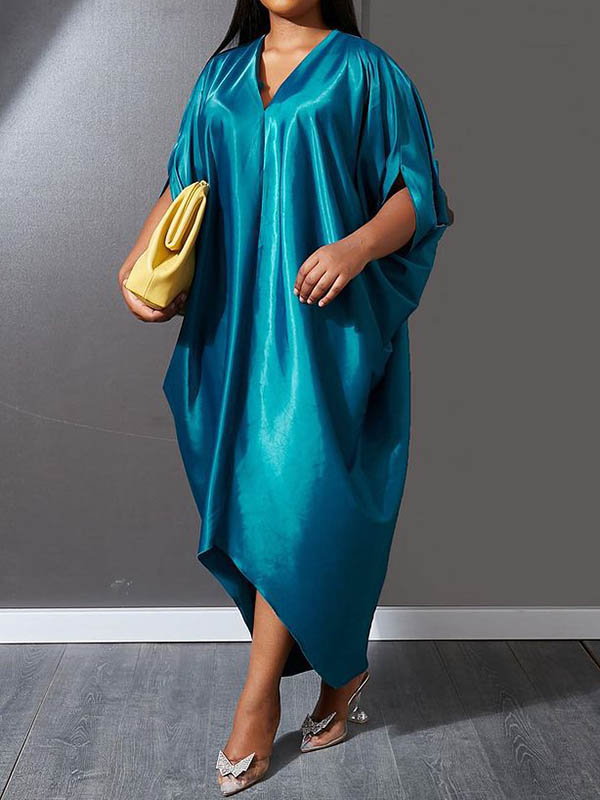 xakxx Batwing Sleeves High-Low Solid Color Deep V-Neck Maxi Dresses