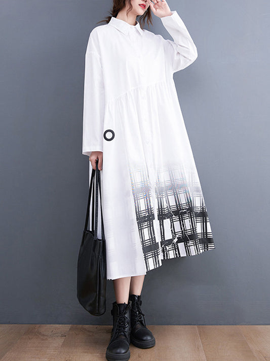 xakxx A-Line Long Sleeves Buttoned Gradient Plaid Lapel Midi Dresses