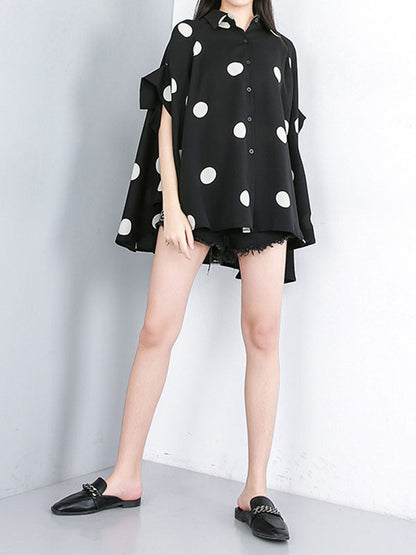 xakxx Batwing Sleeves High-Low Polka-Dot Lapel Blouses&Shirts Tops