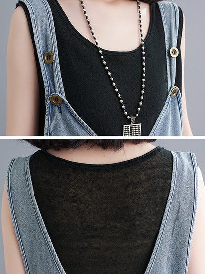 xakxx Cropped Loose Denim Buttoned Overalls