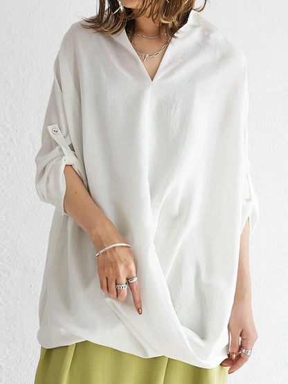 xakxx Loose Ramie Cotton Asymmetric Solid Color Blouse Top