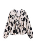 xakxx Casual Loose Puff Sleeves Printed V-Neck Blouses&Shirts Tops