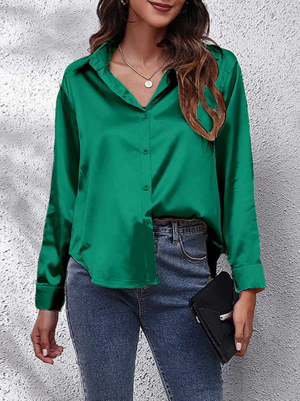 xakxx Long Sleeves Loose Solid Color Lapel Blouses&Shirts Tops