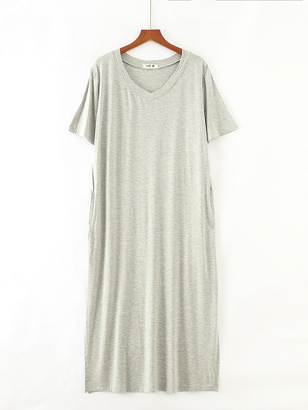 xakxx Simple Short Sleeves Loose Split-Side Solid Color V-Neck Pajamas Dress