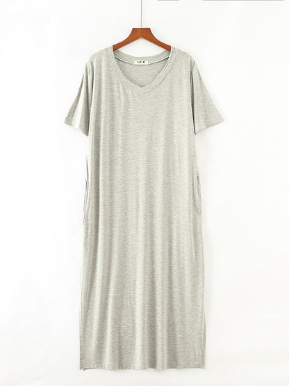 xakxx Simple Short Sleeves Loose Split-Side Solid Color V-Neck Pajamas Dress