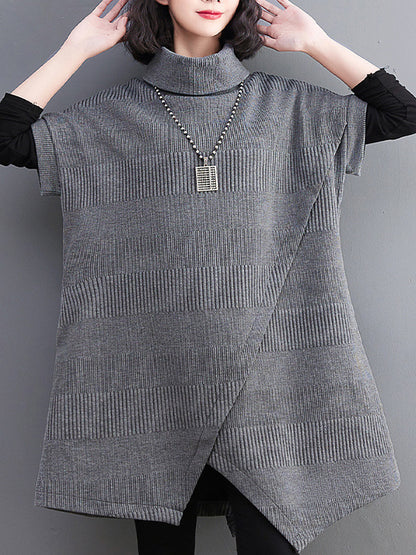 xakxx Short Sleeves Asymmetric Solid Color Split-Front High-Neck Knitwear Mini Dresses