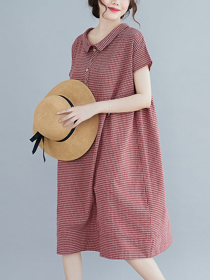 xakxx Artistic Retro Loose Plaid Buttoned Lapel Collar Midi Dress