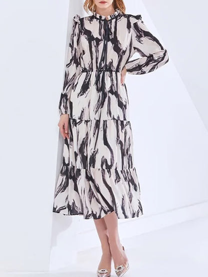 xakxx Long Sleeves Loose Elasticity Hollow Printed Split-Joint Tied Mock Neck Midi Dresses