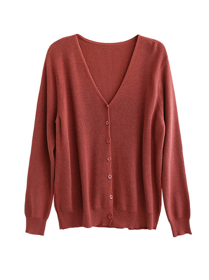 xakxx Long Sleeves Loose Solid Color V-Neck Cardigan Tops