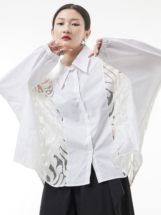 xakxx Urban See-Through Lace Split-Joint Lapel Blouse