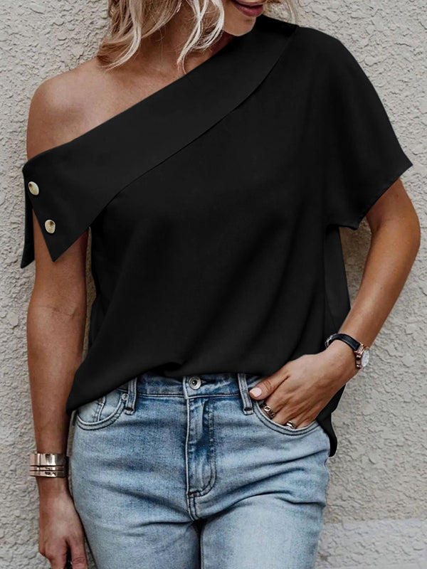 xakxx Loose Short Sleeves Solid Color Off-The-Shoulder T-Shirts Tops