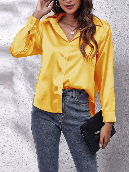 xakxx Long Sleeves Loose Solid Color Lapel Blouses&Shirts Tops