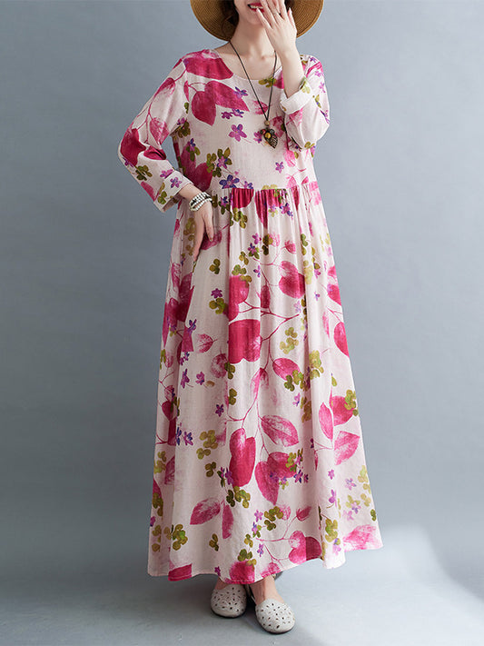 xakxx Long Sleeves Loose Flower Print Split-Joint Round-Neck Midi Dresses