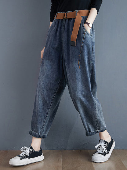 xakxx Artistic Retro Loose Velvet Elasticity Belted Jean Pants