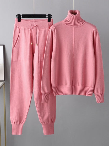 xakxx Casual Solid Long Sleeves High-Neck Sweater Tops & Drawstring Wide Leg Pants Suits