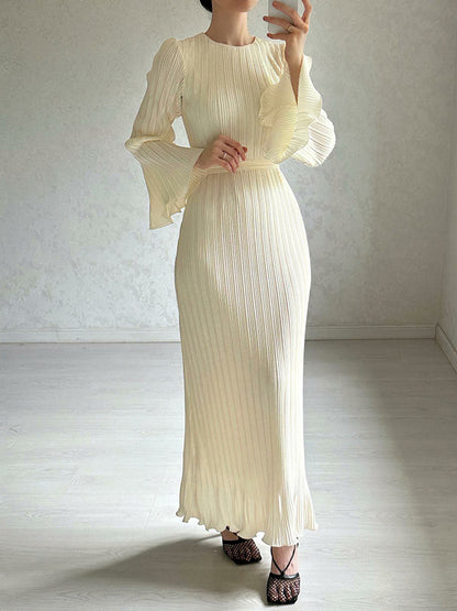 xakxx Flared Sleeves Long Sleeves Pleated Ruffled Solid Color Round-Neck Maxi Dresses