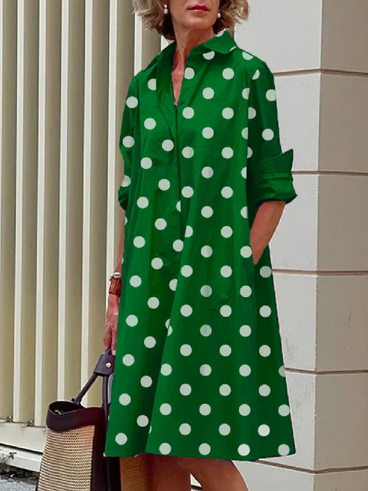 xakxx Vintage Long Sleeves Polka Dot Lapel Midi Dresses