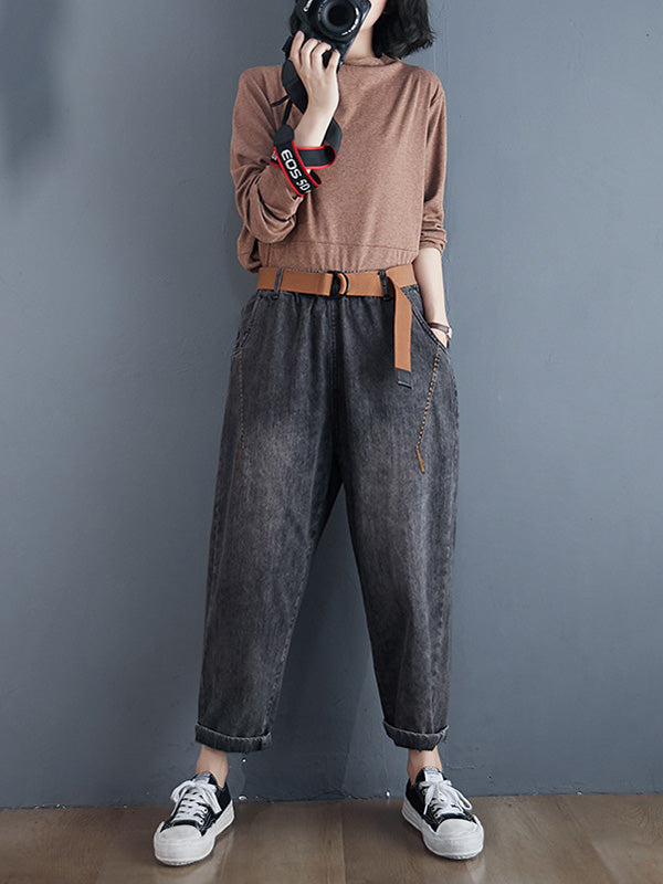 xakxx Artistic Retro Loose Velvet Elasticity Belted Jean Pants