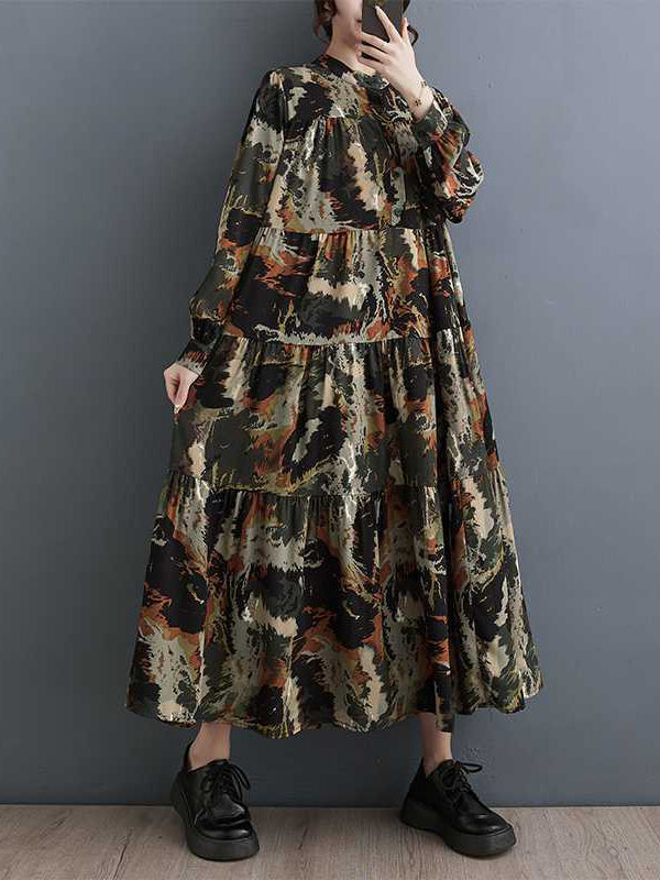 xakxx A-Line Long Sleeves Pleated Printed Split-Joint Round-Neck Midi Dresses