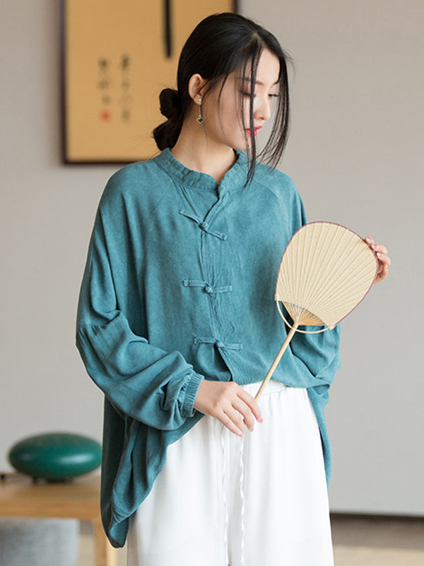 xakxx Artistic Retro Loose Long Sleeves Buttoned Solid Color Stand Collar Blouses&Shirts Tops