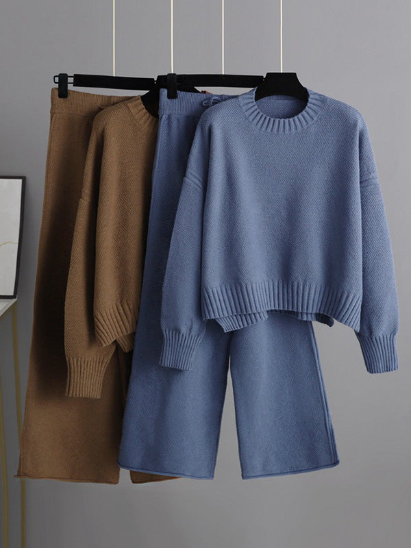 xakxx Stylish Loose High-Low Long Sleeves Solid Color Round-Neck Sweater Tops& Wide Leg Pants Two Pieces Set