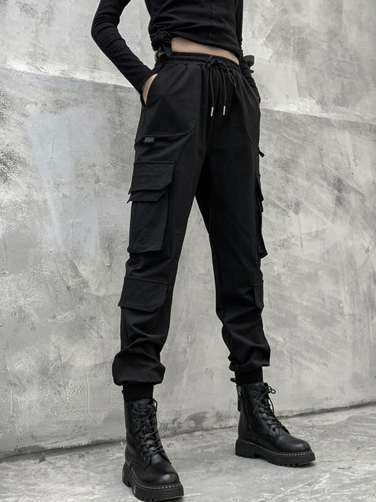 xakxx Stylish Drawstring Punk Empire Black Casual Overalls Pants