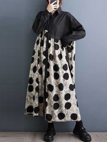 xakxx A-Line Long Sleeves Asymmetric Buttoned Polka-Dot Split-Joint Lapel Midi Dresses Shirt Dress