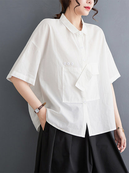 xakxx Loose Short Sleeves Solid Color Split-Joint Blouses