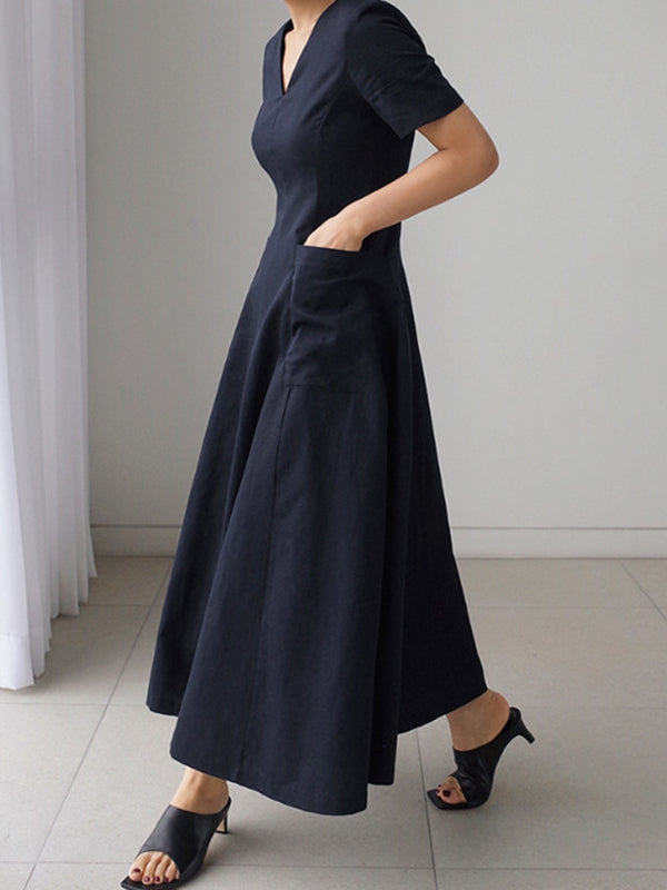 xakxx Simple Casual Solid Color Pleated Midi Dress