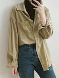 xakxx Casual Long Sleeves Loose Buttoned Solid Color Lapel Collar Blouses&Shirts Tops