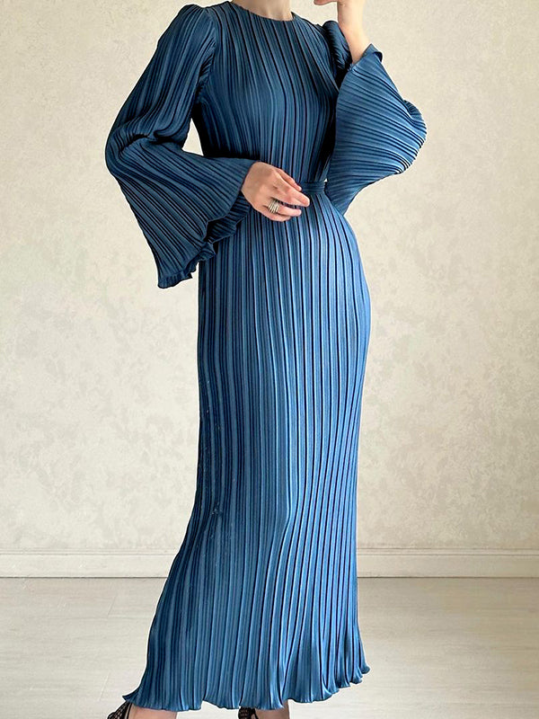 xakxx Flared Sleeves Long Sleeves Pleated Ruffled Solid Color Round-Neck Maxi Dresses