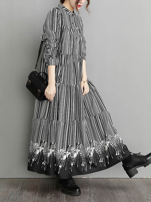 xakxx Vintage Loose Striped Buttoned Stand Collar Long Sleeves Midi Dress