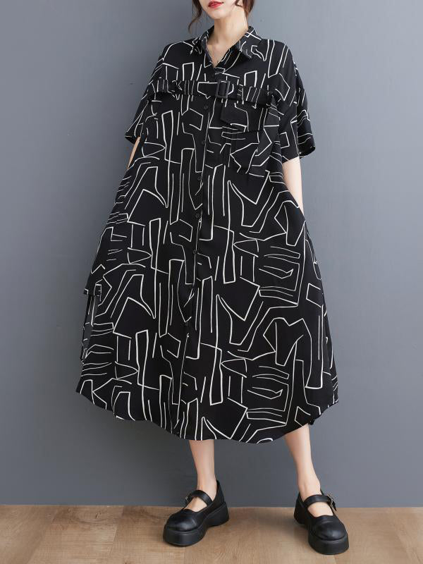 xakxx Loose Abstract Printed Lapel Midi Dresses